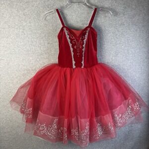 Weissman Ballet Dance Costume Red Tutu Medium Child Rhinestones Glitter Silver